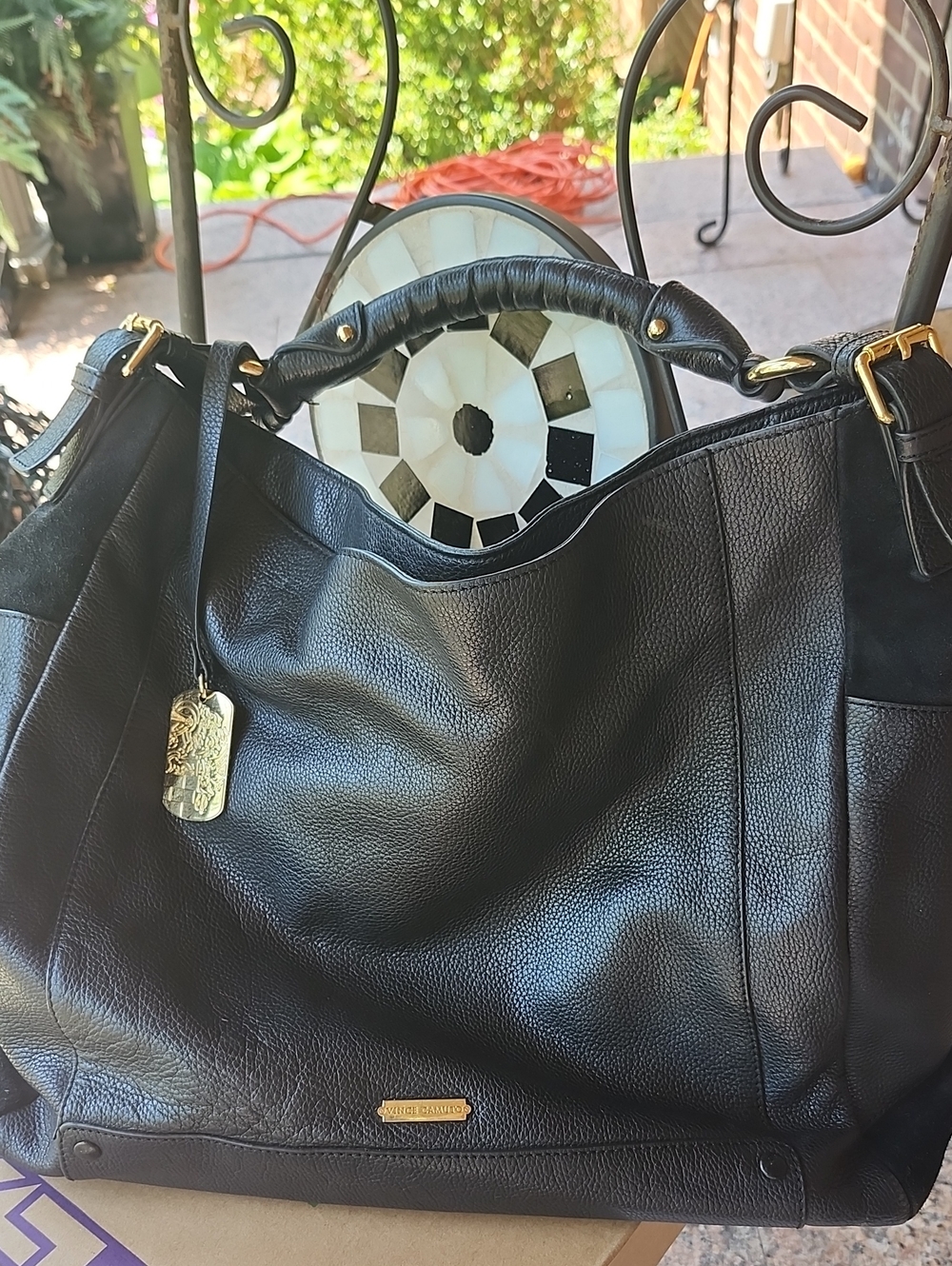 Vince Camuto Black Leather Tote with Gold Hardware